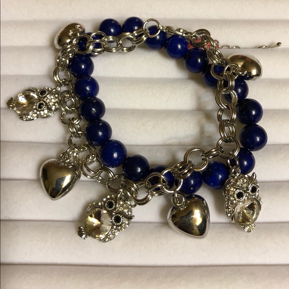 Lapis Beads And Crystal Charm Bracelet Set